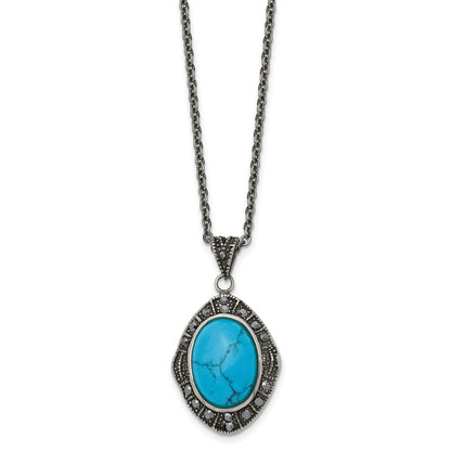 Stainless Steel Antiqued Simulated Turquoise Marcasite 18In Necklace