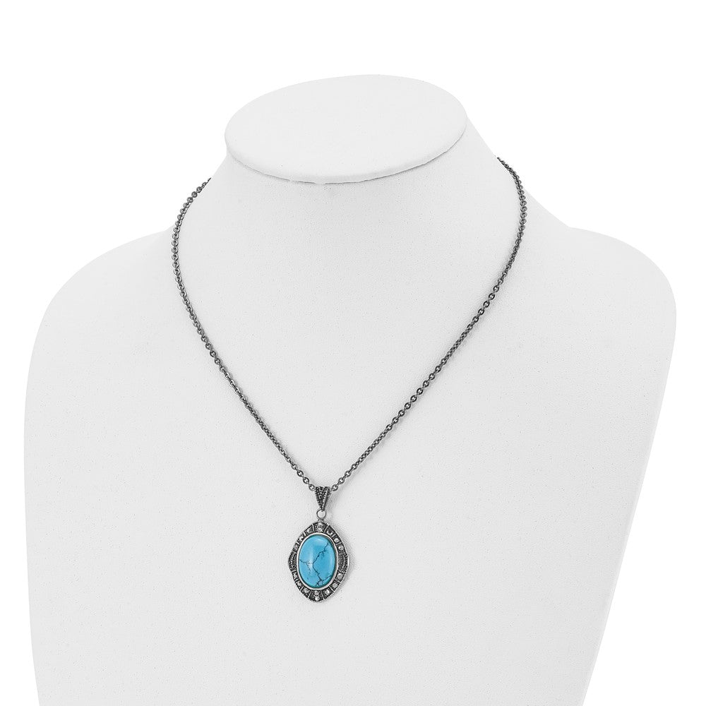 Stainless Steel Antiqued Simulated Turquoise Marcasite 18In Necklace