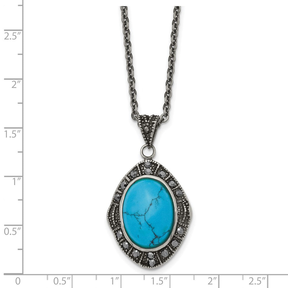 Stainless Steel Antiqued Simulated Turquoise Marcasite 18In Necklace