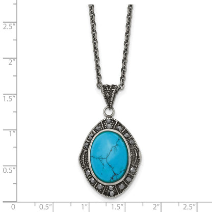Stainless Steel Antiqued Simulated Turquoise Marcasite 18In Necklace