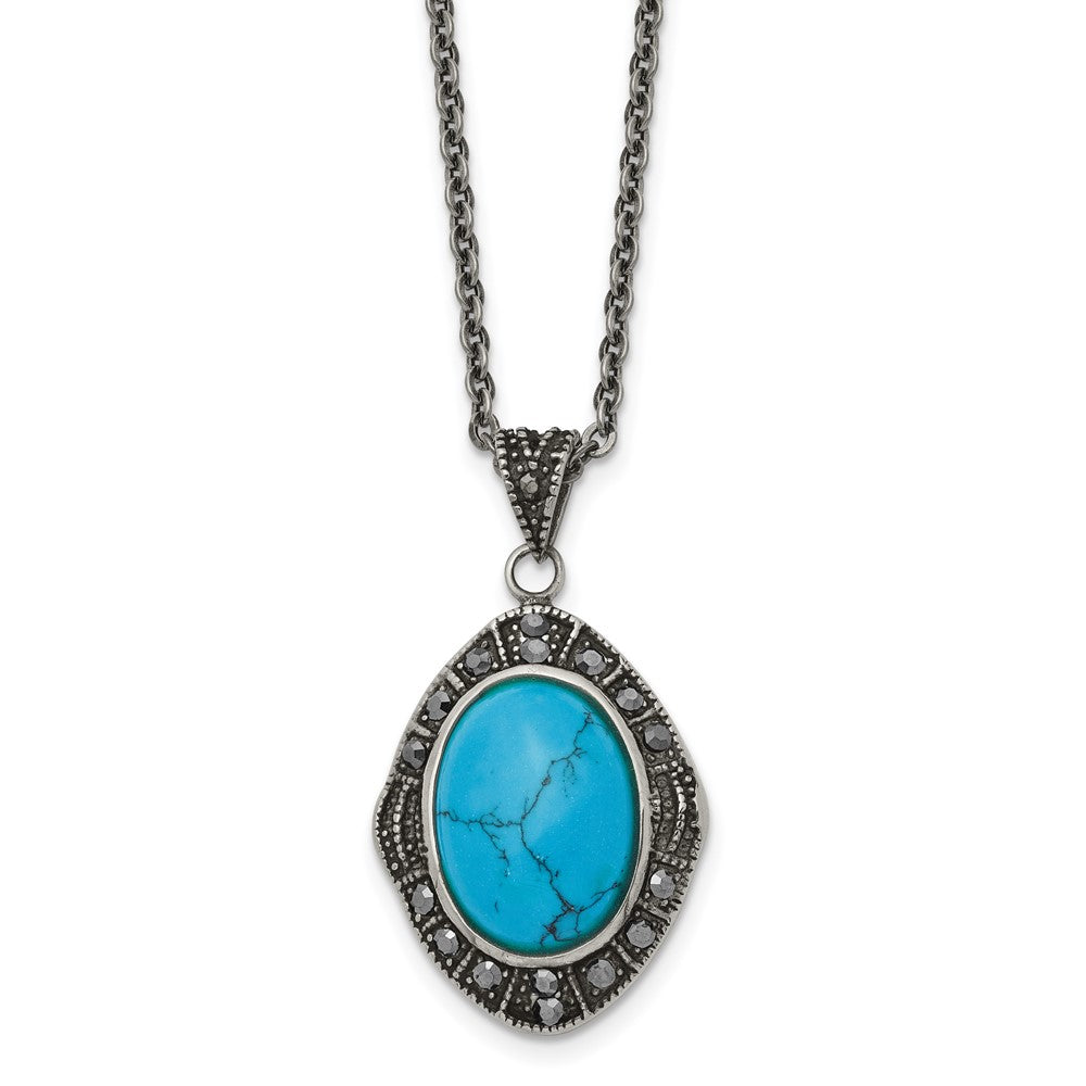 Stainless Steel Antiqued Simulated Turquoise Marcasite 18In Necklace