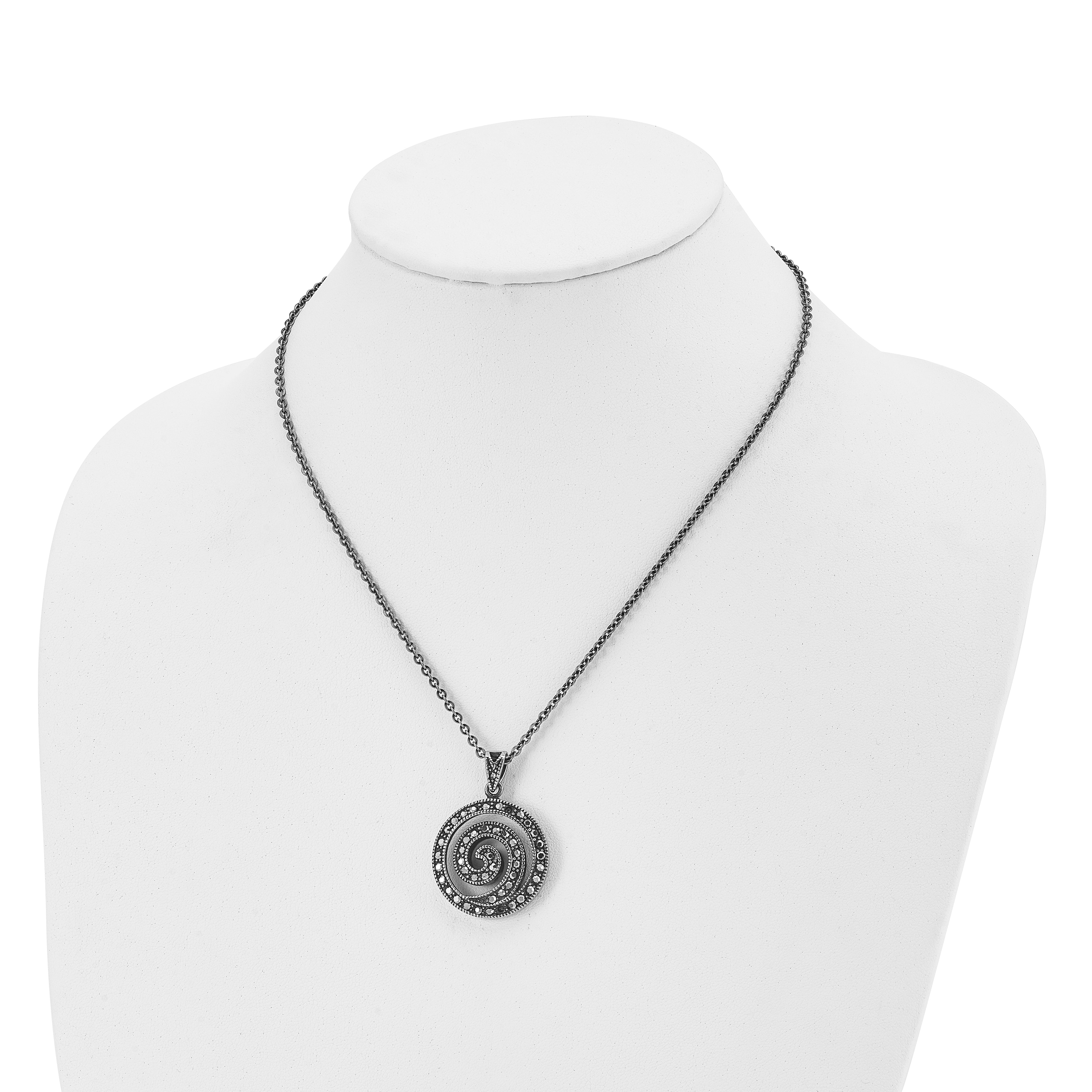Stainless Steel Chisel Antiqued And Polished Marcasite Swirl Pendant On An 18 Inch Cable Chain Necklace