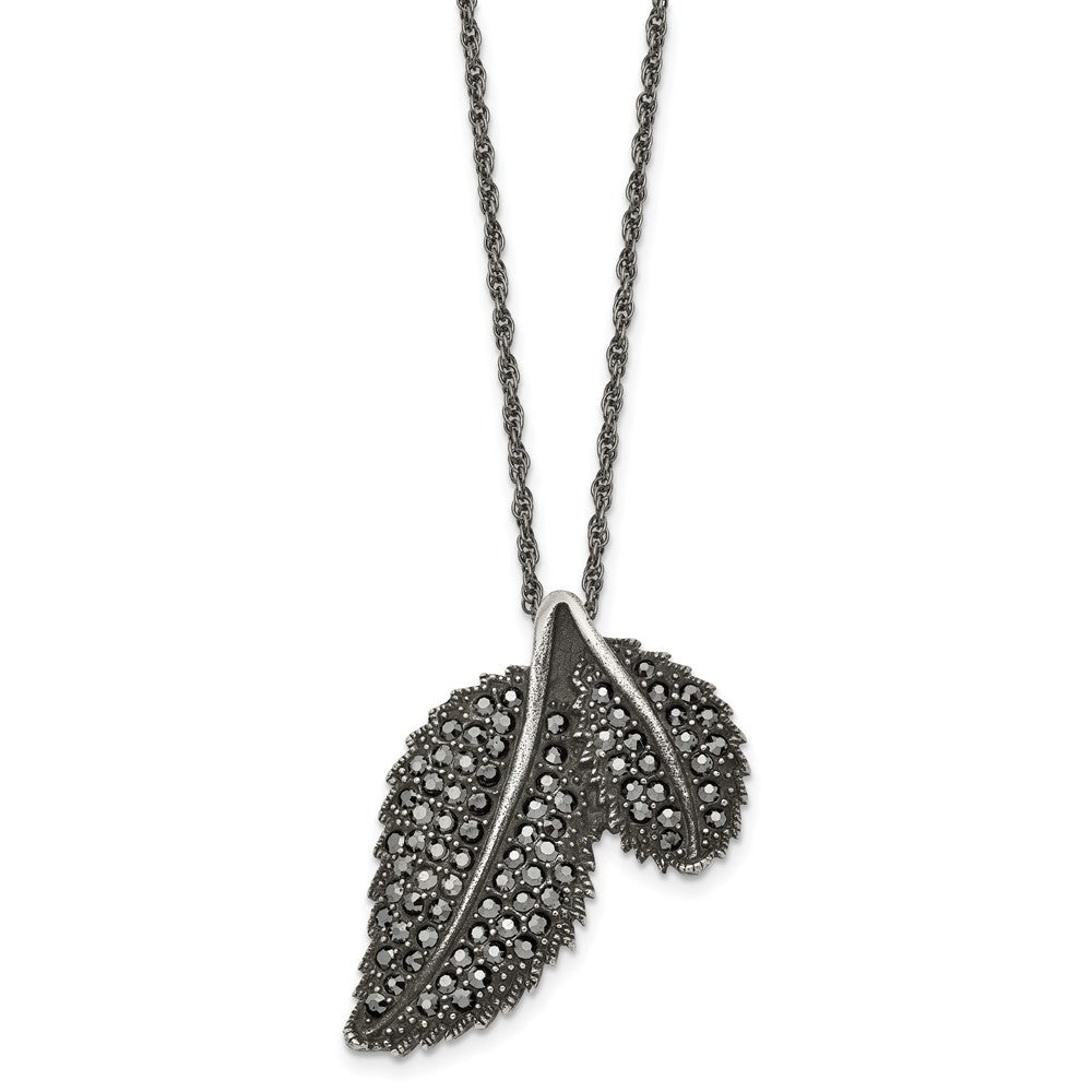 Stainless Steel Antiqued And Polished W/Marcasite Leaf 20In Necklace