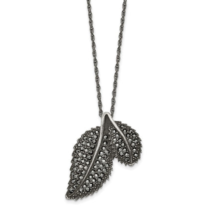 Stainless Steel Antiqued And Polished W/Marcasite Leaf 20In Necklace
