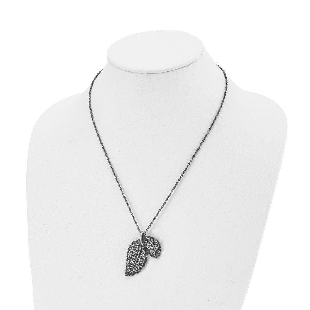 Stainless Steel Antiqued And Polished W/Marcasite Leaf 20In Necklace