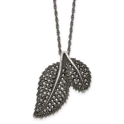 Stainless Steel Antiqued And Polished W/Marcasite Leaf 20In Necklace