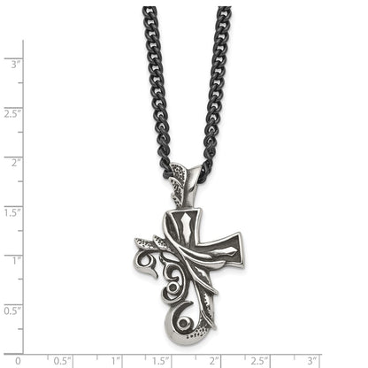 Stainless Steel Chisel Antiqued And Polished Fancy Cross Pendnat On A 20 Inch Curb Chain Necklace