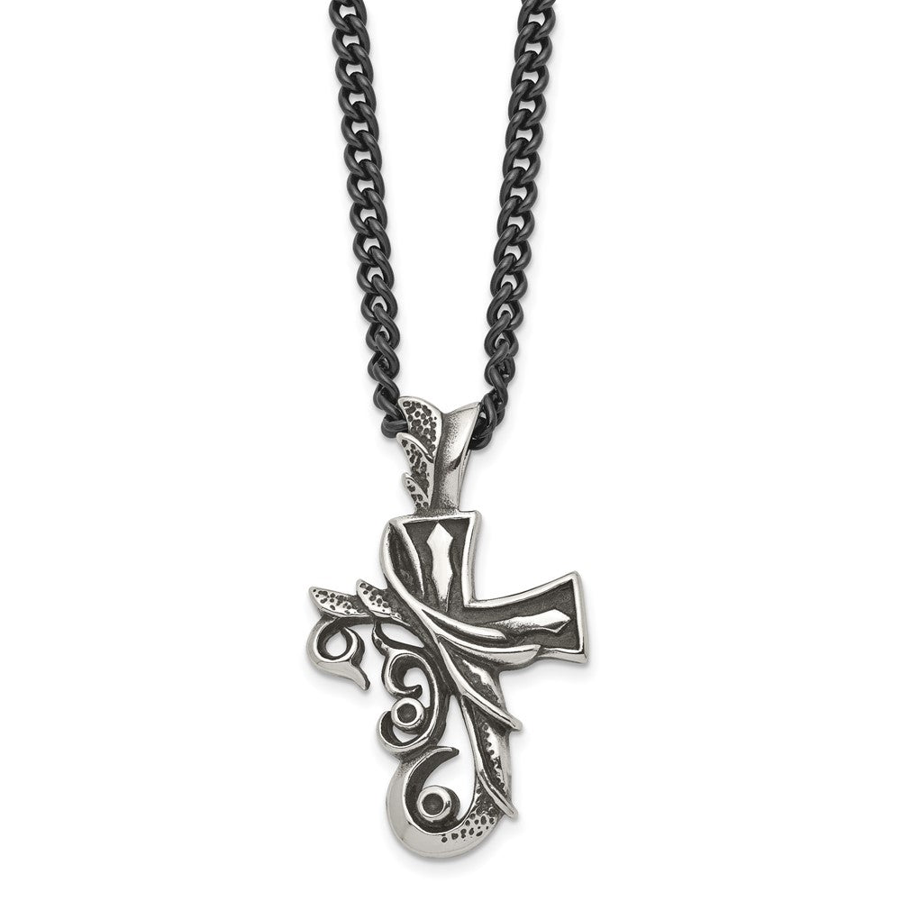 Stainless Steel Chisel Antiqued And Polished Fancy Cross Pendnat On A 20 Inch Curb Chain Necklace