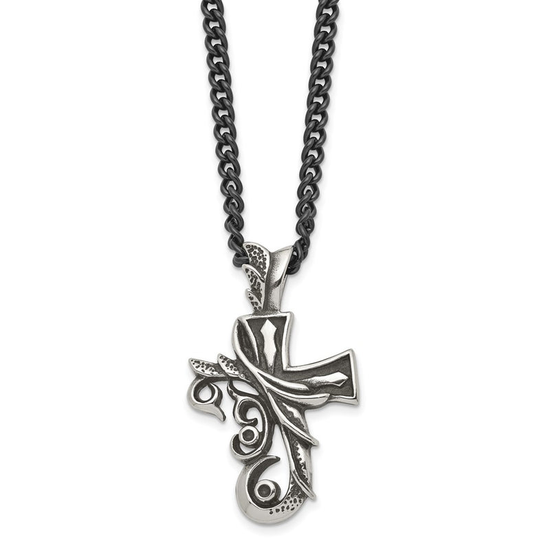 Stainless Steel Chisel Antiqued And Polished Fancy Cross Pendnat On A 20 Inch Curb Chain Necklace