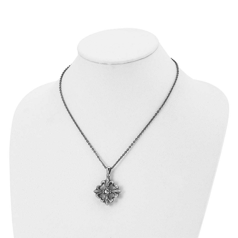 Stainless Steel Antiqued And Polished Fleur De Lis 18In Necklace