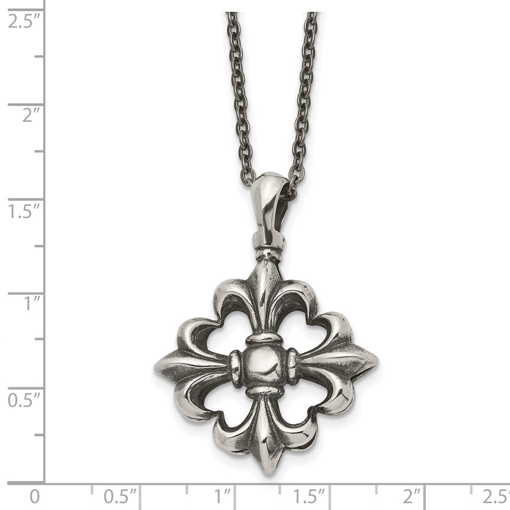 Stainless Steel Antiqued And Polished Fleur De Lis 18In Necklace