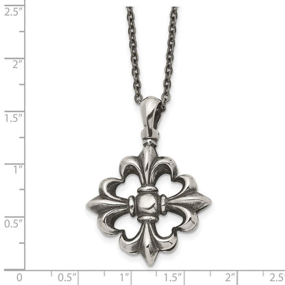 Stainless Steel Antiqued And Polished Fleur De Lis 18In Necklace