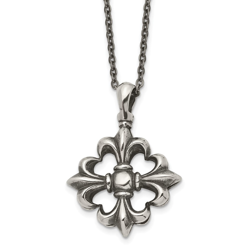 Stainless Steel Antiqued And Polished Fleur De Lis 18In Necklace