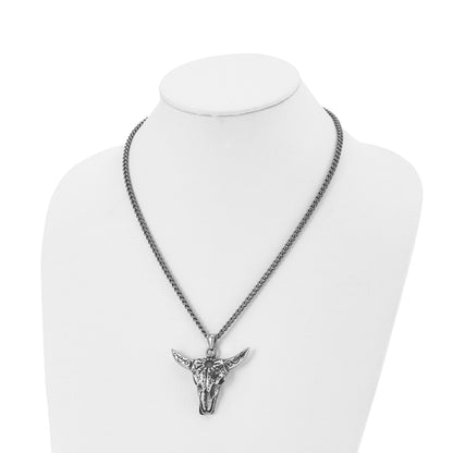 Stainless Steel Chisel Antiqued Polished And Textured Bull Skull Pendant On A 20 Inch Curb Chain Necklace