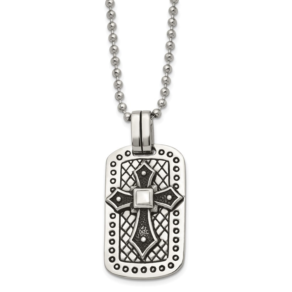 Stainless Steel Antiqued And Polished Cross Dog Tag 22In Necklace