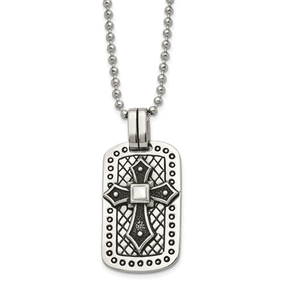 Stainless Steel Antiqued And Polished Cross Dog Tag 22In Necklace