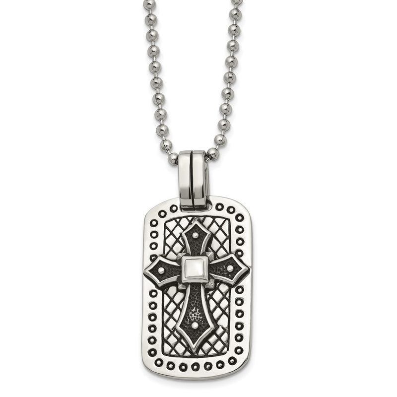 Stainless Steel Antiqued And Polished Cross Dog Tag 22In Necklace