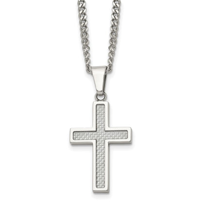Stainless Steel Chisel Polished With Grey Carbon Fiber Inlay Small Cross Pendant On A 20 Inch Curb Chain Necklace
