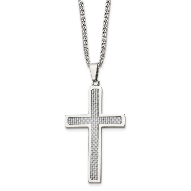 Stainless Steel Chisel Polished With Grey Carbon Fiber Inlay Large Cross Pendant On A 20 Inch Curb Chain Necklace