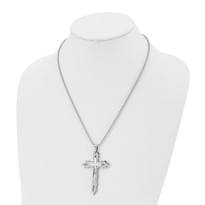 Stainless Steel Chisel Polished With Sterling Silver Inlay Cross Pendant On A 20 Inch Ball Chain Necklace