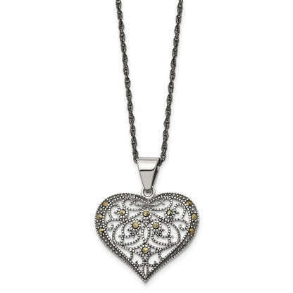 Stainless Steel Chisel Antiqued And Polished With Marcasite Heart Pendant On A 20 Inch Singapore Chain Necklace