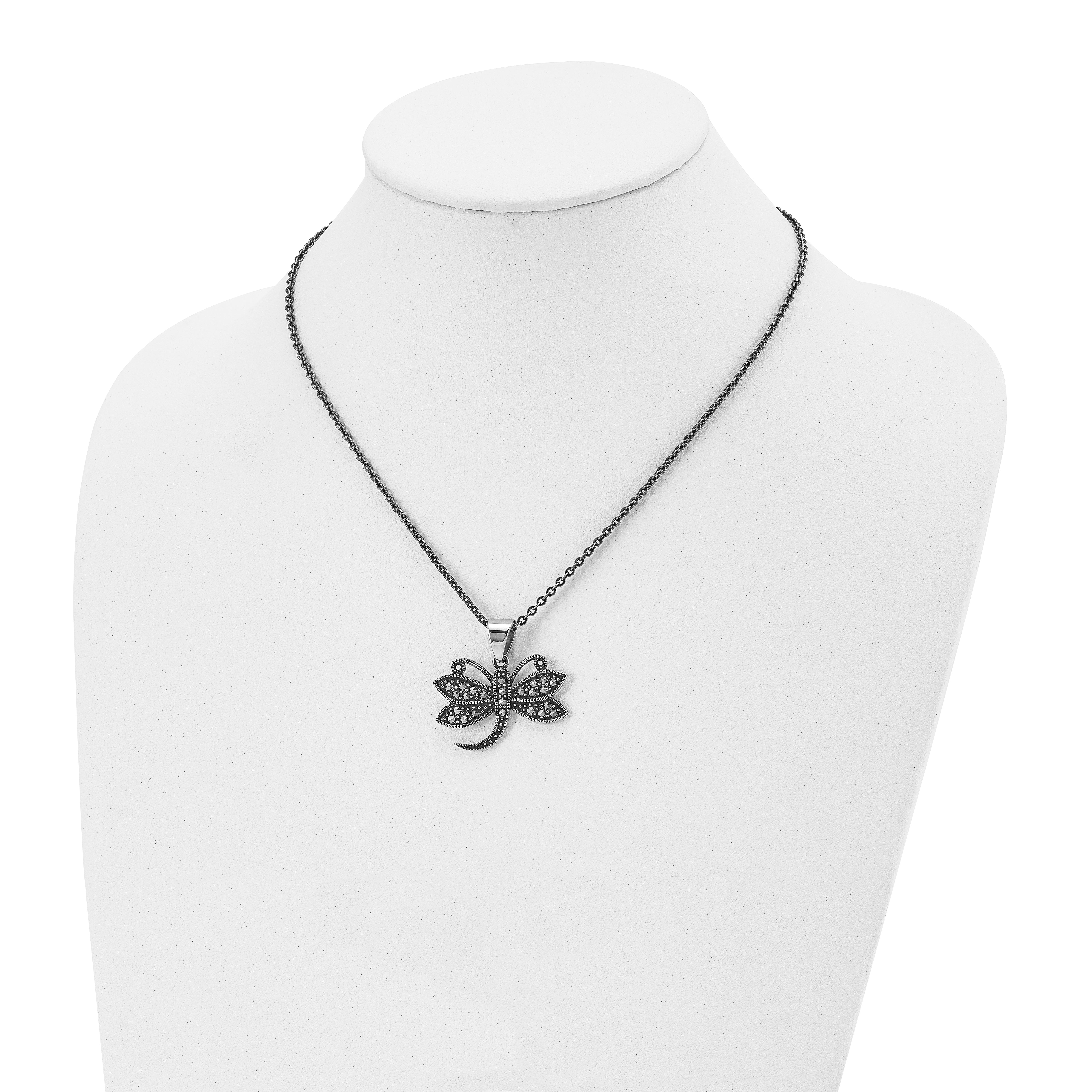 Stainless Steel Chisel Antiqued And Polished With Marcasite Dragonfly Pendant On An 18 Inch Cable Chain Necklace