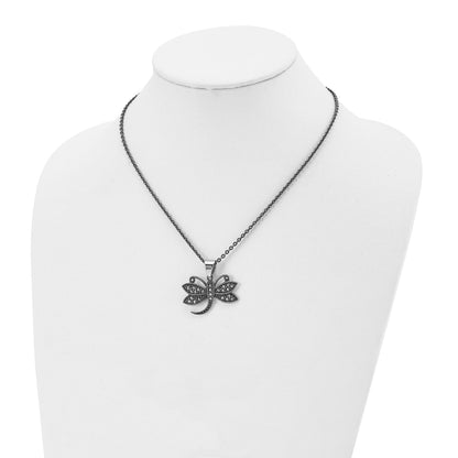 Stainless Steel Chisel Antiqued And Polished With Marcasite Dragonfly Pendant On An 18 Inch Cable Chain Necklace