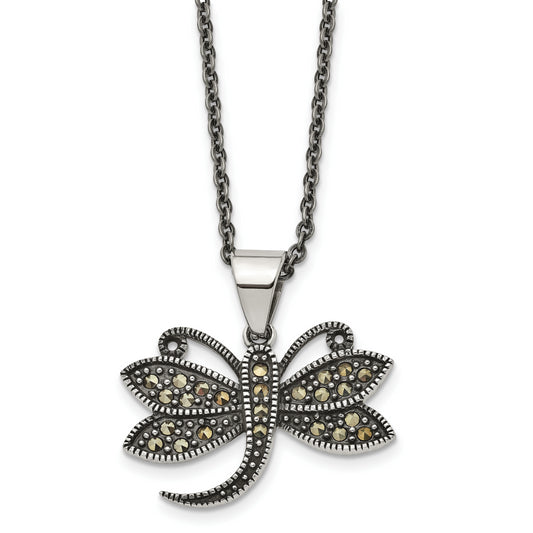 Stainless Steel Chisel Antiqued And Polished With Marcasite Dragonfly Pendant On An 18 Inch Cable Chain Necklace