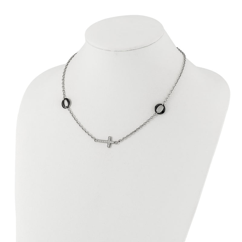 Stainless Steel & Black Ceramic Polished Sideways Cz Cross Necklace