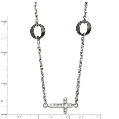 Stainless Steel & Black Ceramic Polished Sideways Cz Cross Necklace