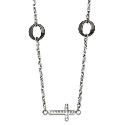 Stainless Steel & Black Ceramic Polished Sideways Cz Cross Necklace