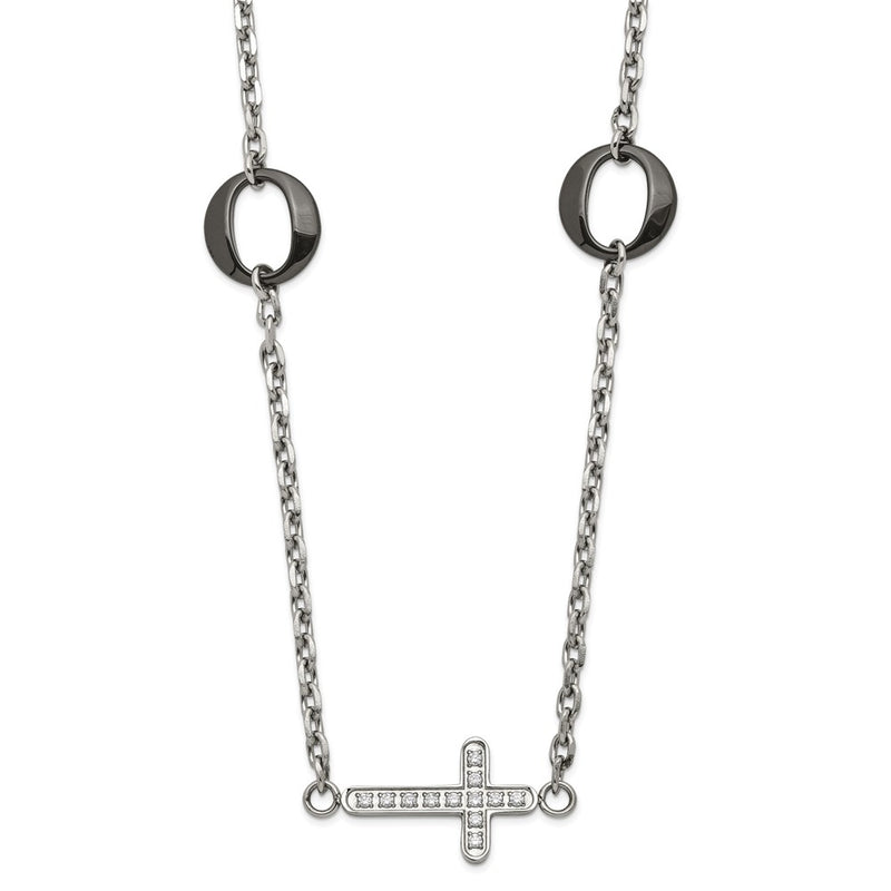 Stainless Steel & Black Ceramic Polished Sideways Cz Cross Necklace