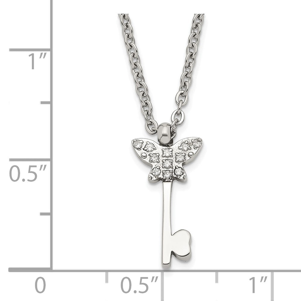 Stainless Steel Polished Cz Butterfly Key With 2 Inch Ext Necklace