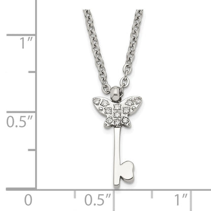 Stainless Steel Polished Cz Butterfly Key With 2 Inch Ext Necklace