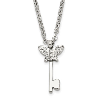 Stainless Steel Polished Cz Butterfly Key With 2 Inch Ext Necklace