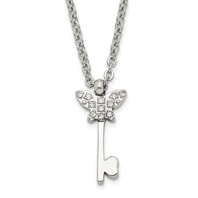 Stainless Steel Polished Cz Butterfly Key With 2 Inch Ext Necklace