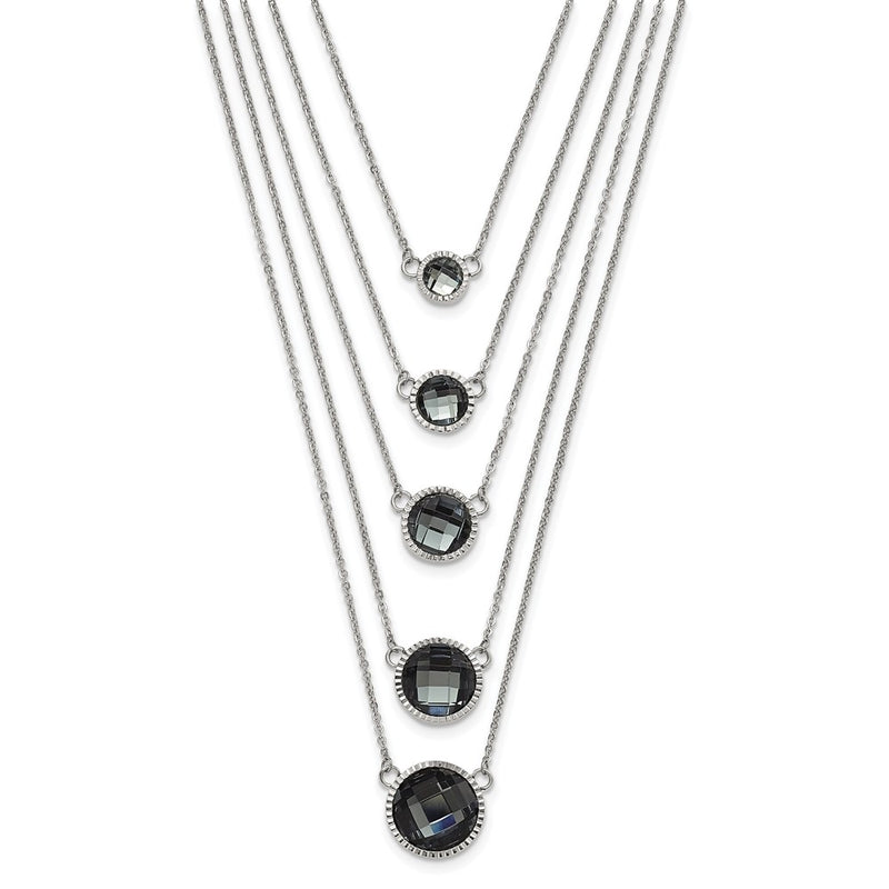 Stainless Steel Polished Multistrand Grey Glass W/ 2In Ext. Necklace