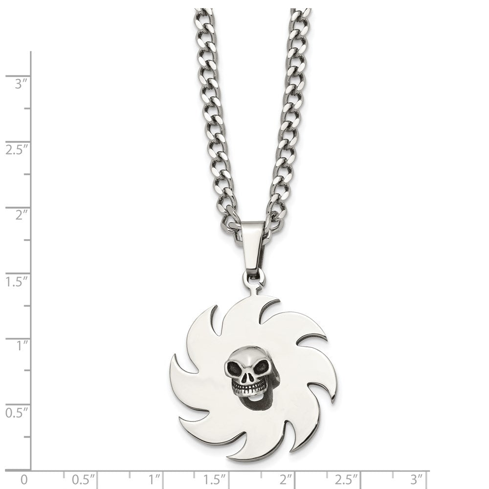 Stainless Steel Polished W/Black Enamel Saw Blade With Skull 24In Necklace