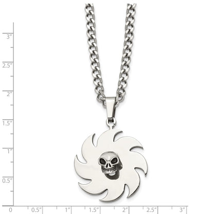 Stainless Steel Polished W/Black Enamel Saw Blade With Skull 24In Necklace