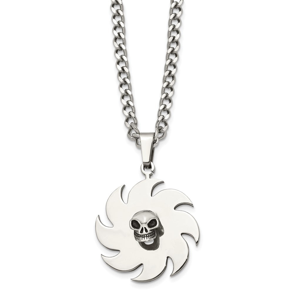 Stainless Steel Polished W/Black Enamel Saw Blade With Skull 24In Necklace