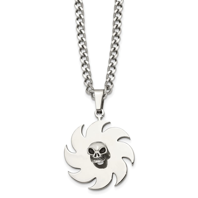 Stainless Steel Polished W/Black Enamel Saw Blade With Skull 24In Necklace
