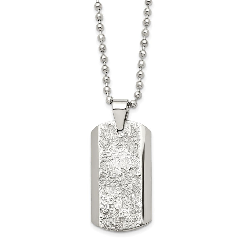 Stainless Steel Polished And Textured Dog Tag 24In Necklace