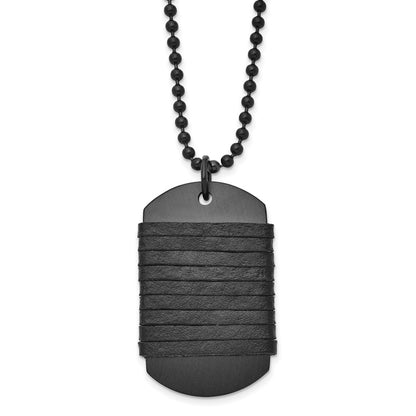 Stainless Steel Antiqued/Brushed Black Ip Dog Tag W/Leather Necklace