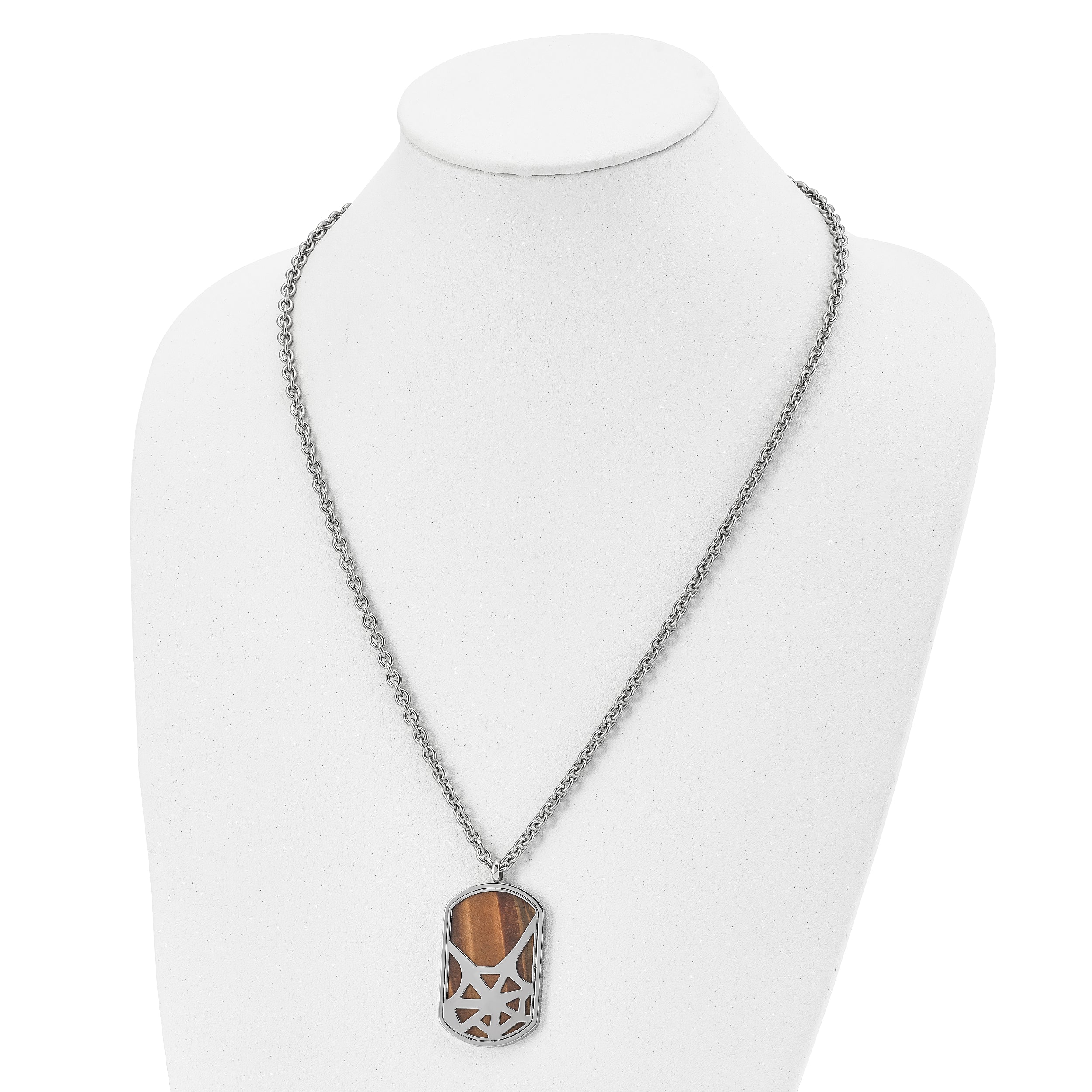Stainless Steel Polished Tiger'S Eye Spider Web Design Dog Tag Necklace