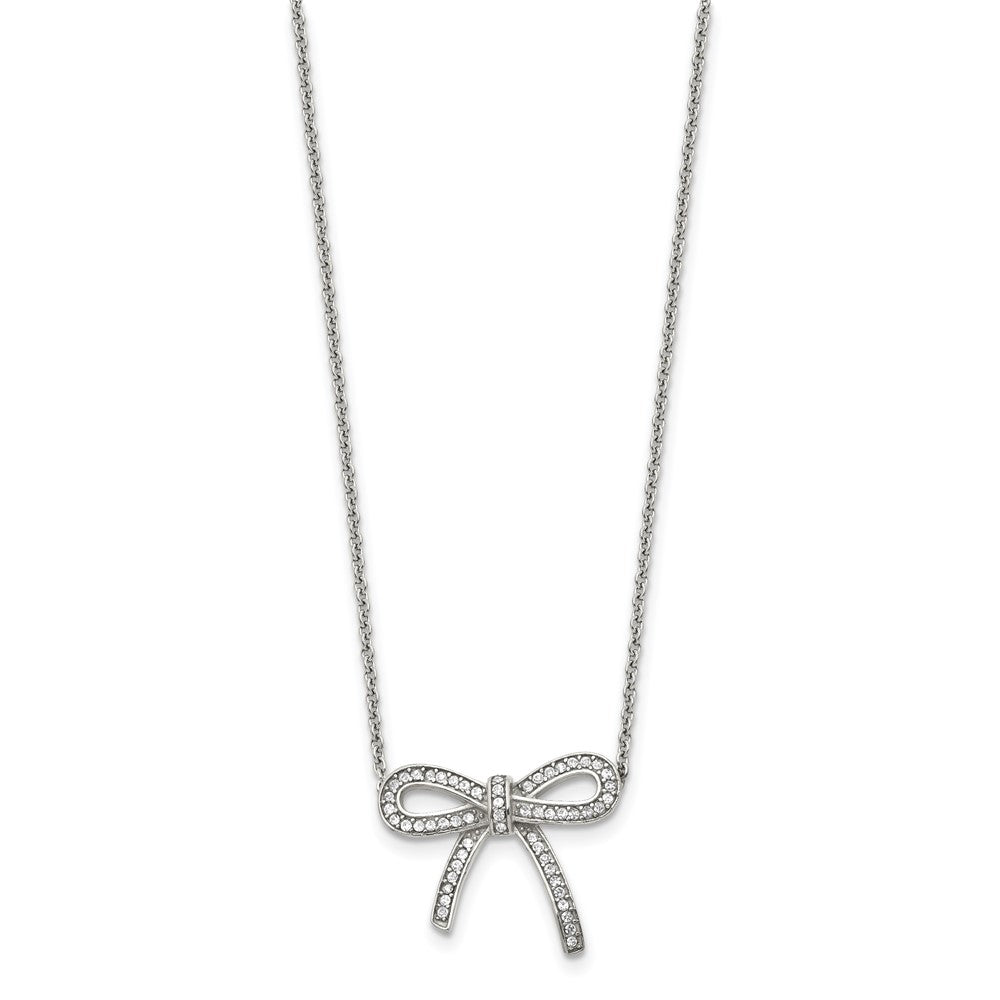 Stainless Steel Polished Crystal Bow 16.25In W/1.75In Ext Necklace