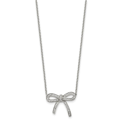 Stainless Steel Polished Crystal Bow 16.25In W/1.75In Ext Necklace