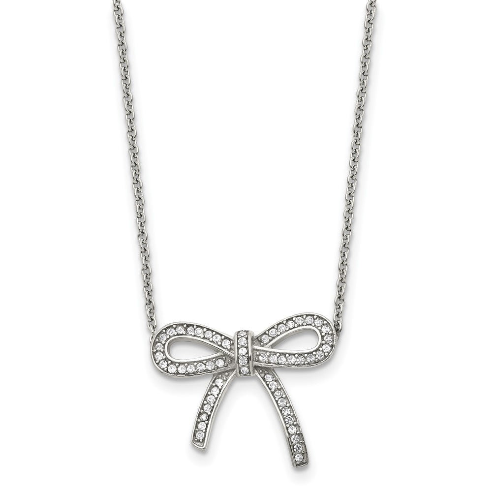 Stainless Steel Polished Crystal Bow 16.25In W/1.75In Ext Necklace