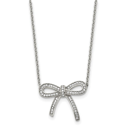 Stainless Steel Polished Crystal Bow 16.25In W/1.75In Ext Necklace