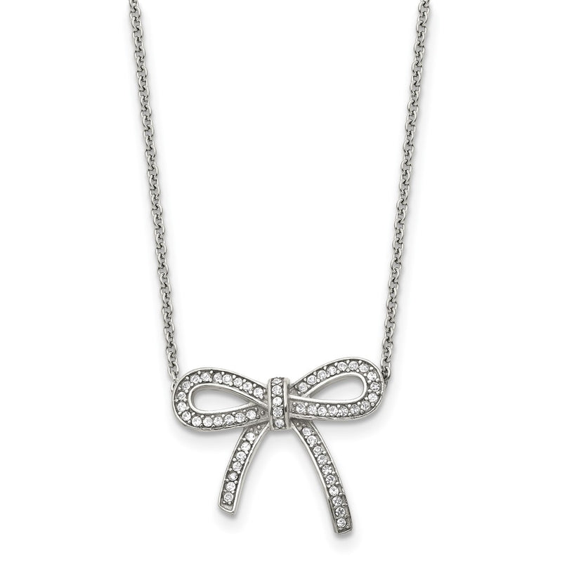 Stainless Steel Polished Crystal Bow 16.25In W/1.75In Ext Necklace
