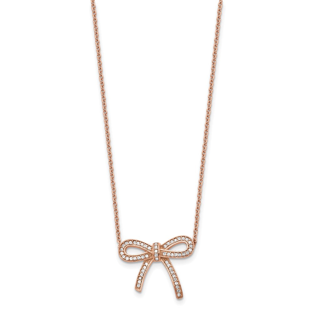 Stainless Steel Polished Rose Ip-Plated Crystal Bow W/1.75In Ext Necklace